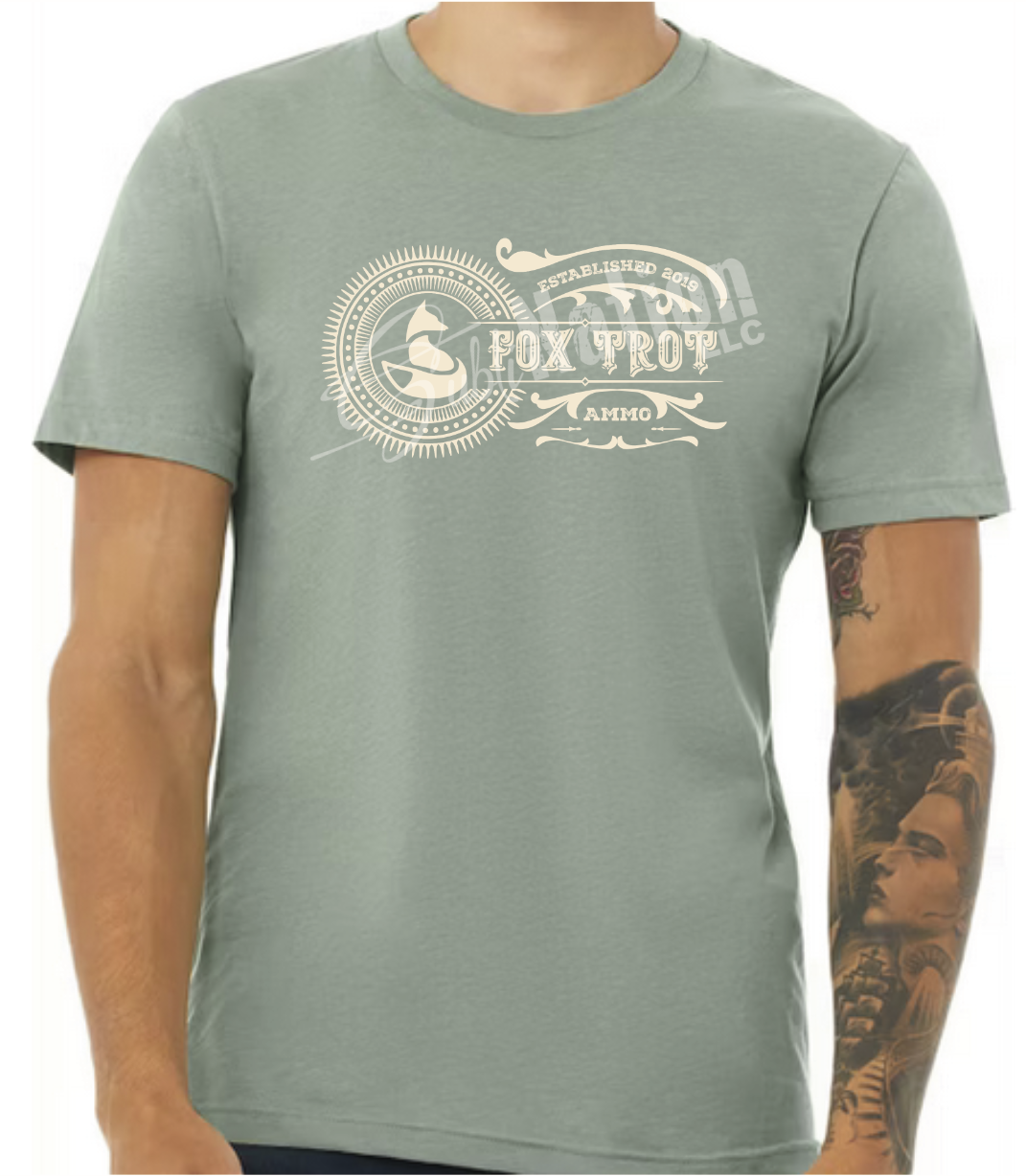 Short Sleeve T-Shirt, Vintage Fox Trot Ammo logo in antique white