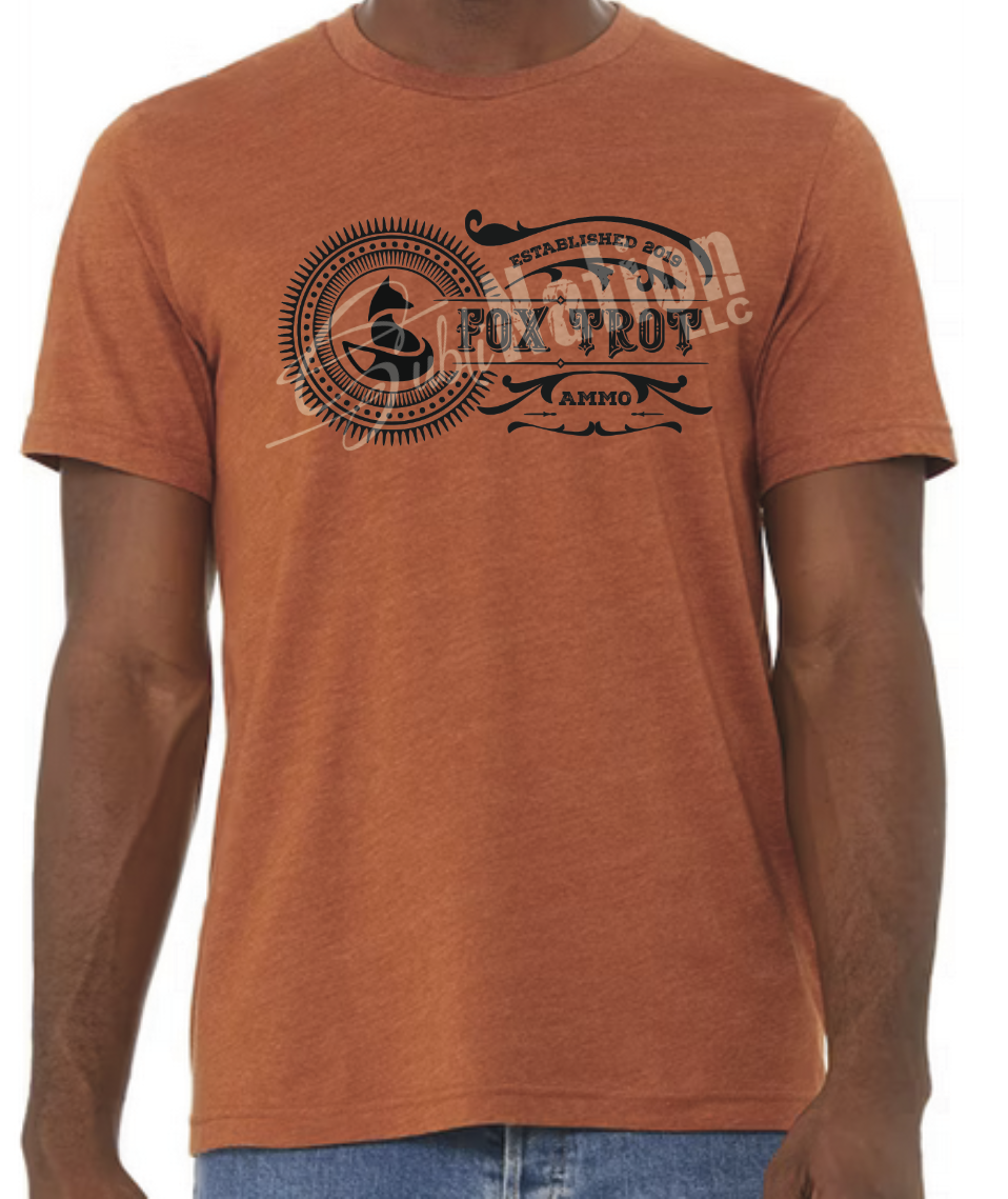 Short Sleeve T-Shirt, Vintage Fox Trot Ammo logo in black