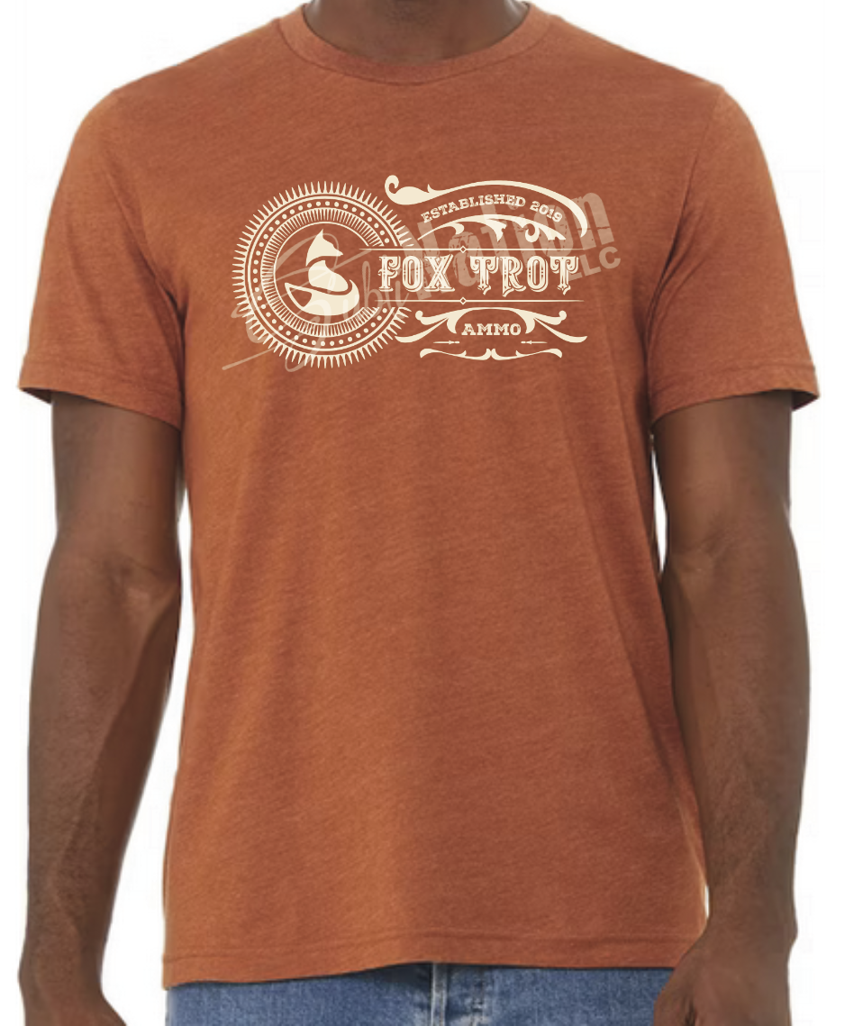 Short Sleeve T-Shirt, Vintage Fox Trot Ammo logo in antique white