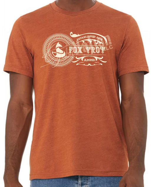 Short Sleeve T-Shirt, Vintage Fox Trot Ammo logo in antique white