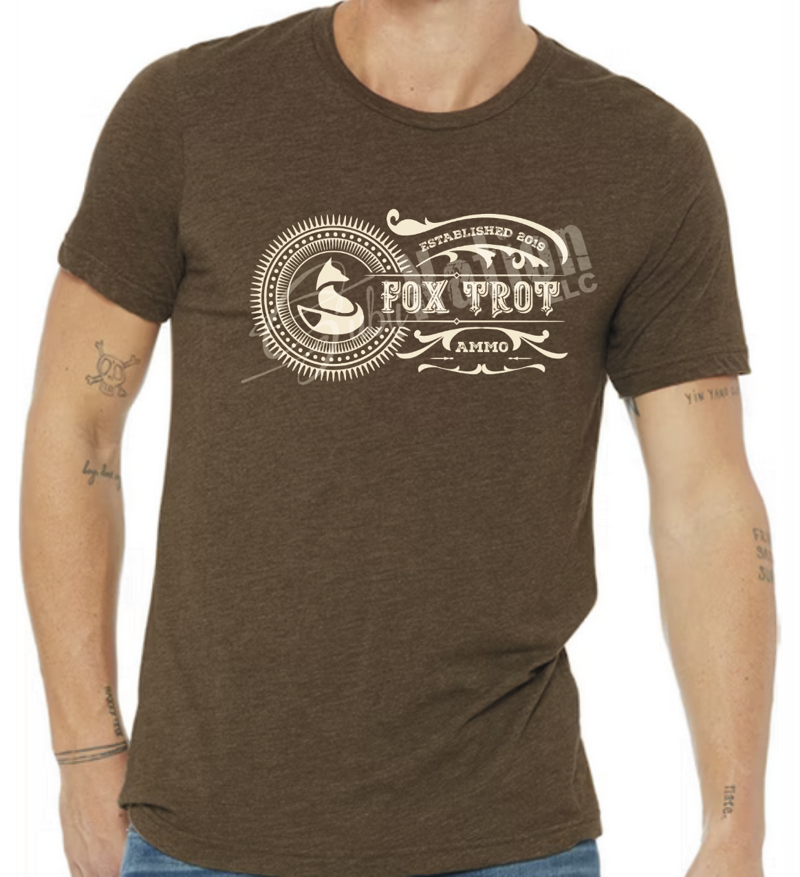 Short Sleeve T-Shirt, Vintage Fox Trot Ammo logo in antique white