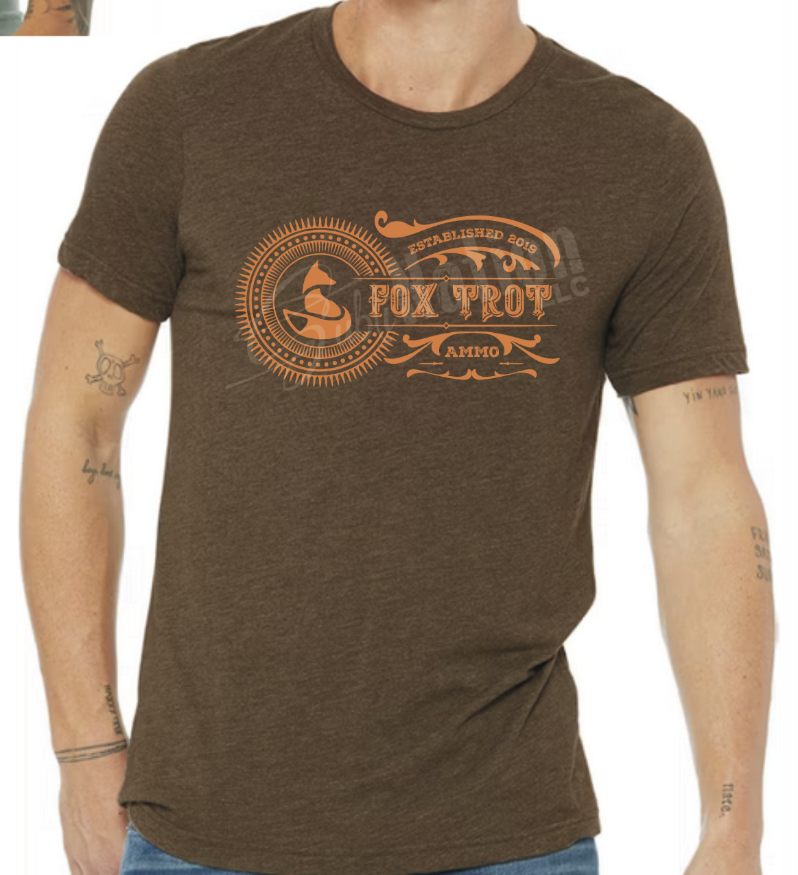 Short Sleeve T-Shirt, Vintage Fox Trot Ammo logo in orange