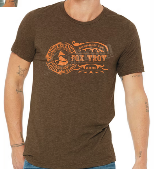 Short Sleeve T-Shirt, Vintage Fox Trot Ammo logo in orange