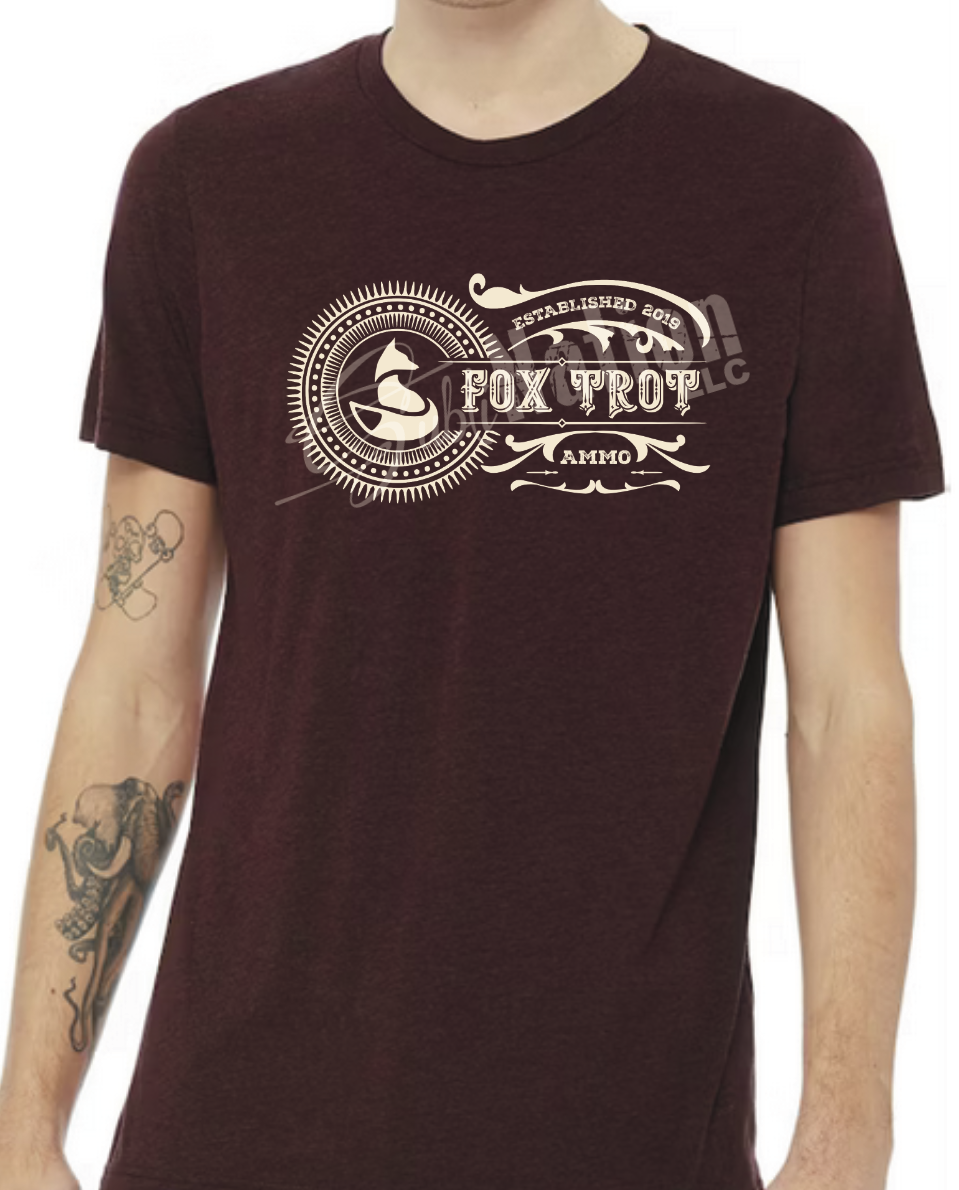 Short Sleeve T-Shirt, Vintage Fox Trot Ammo logo in antique white