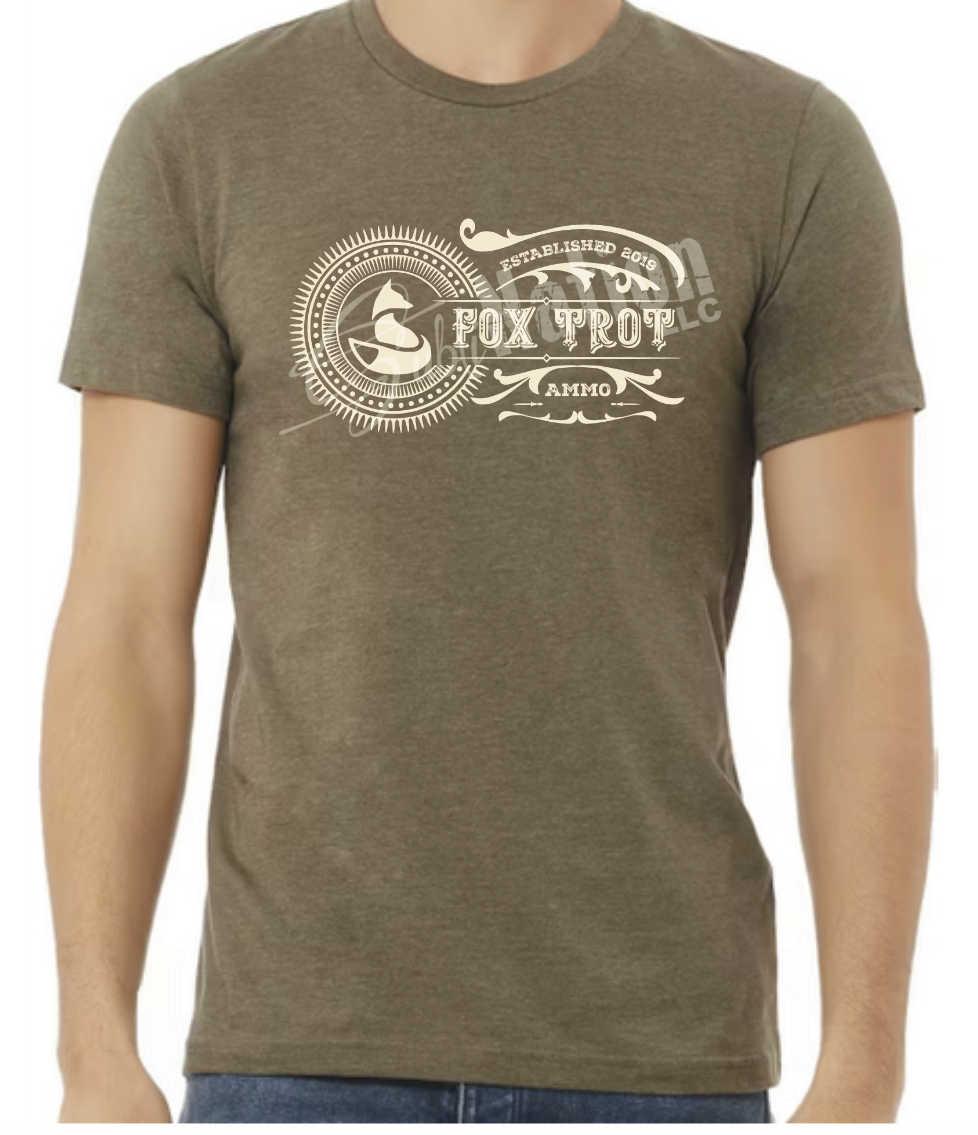 Short Sleeve T-Shirt, Vintage Fox Trot Ammo logo in antique white