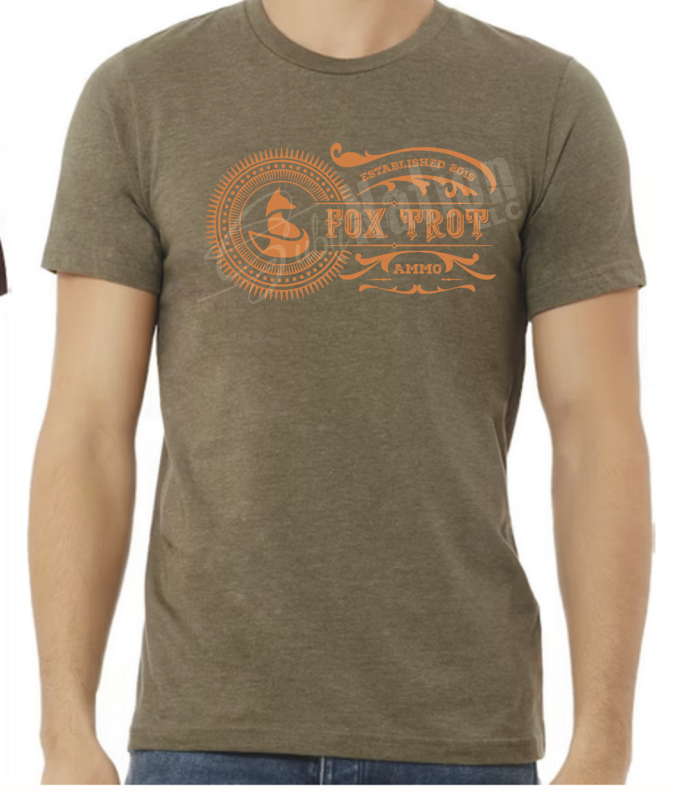 Short Sleeve T-Shirt, Vintage Fox Trot Ammo logo in orange