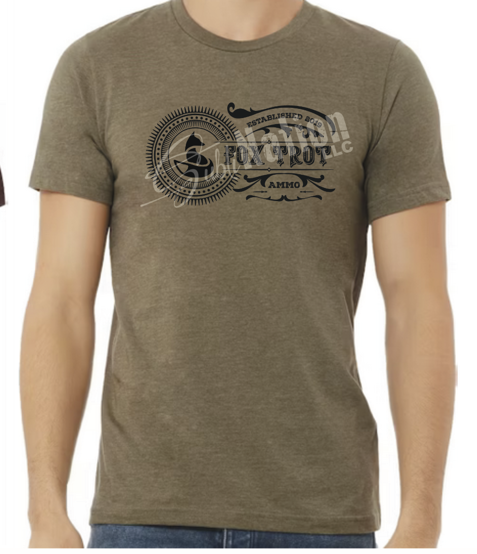 Short Sleeve T-Shirt, Vintage Fox Trot Ammo logo in black