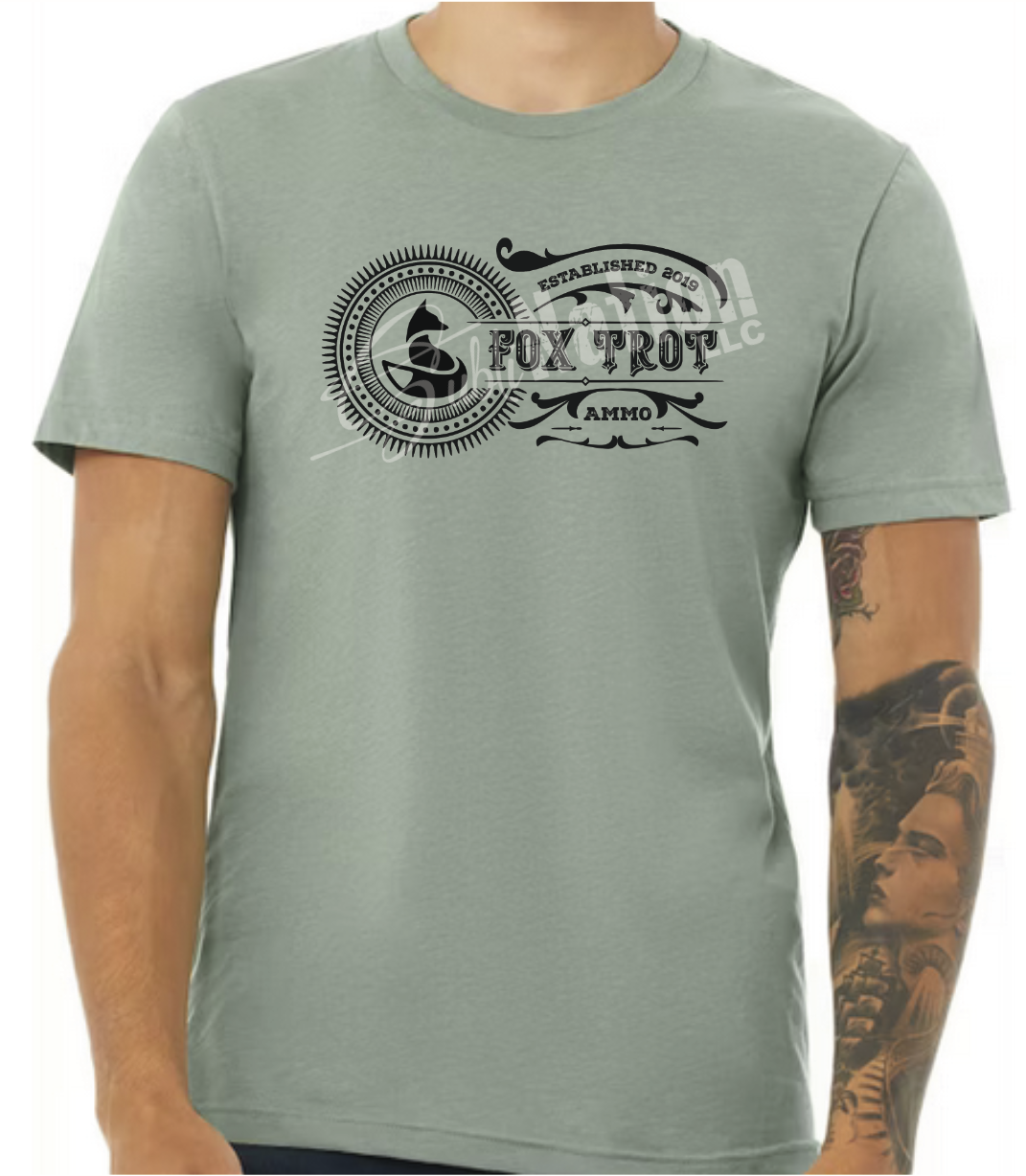 Short Sleeve T-Shirt, Vintage Fox Trot Ammo logo in black